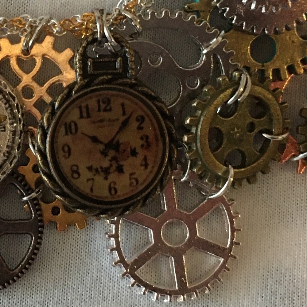SOLD—Steampunk Handmade Steamer Mixed Metal Bib Necklace with Gears, Clocks - Picture 6 of 16